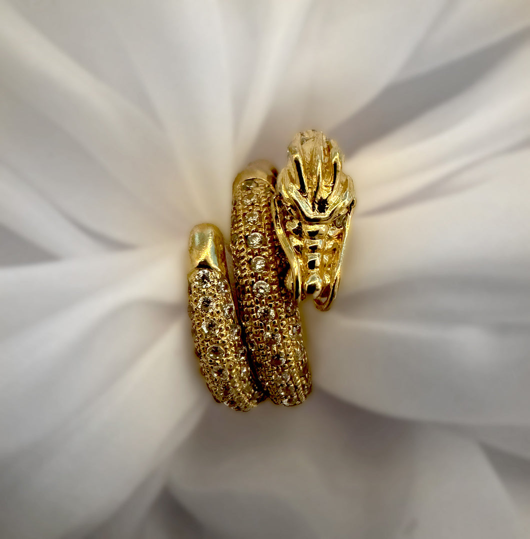 10k Yellow Gold Dragon Cubic Zirconia Ring, Spiral Ring, Dragon Ring, Unique Ring