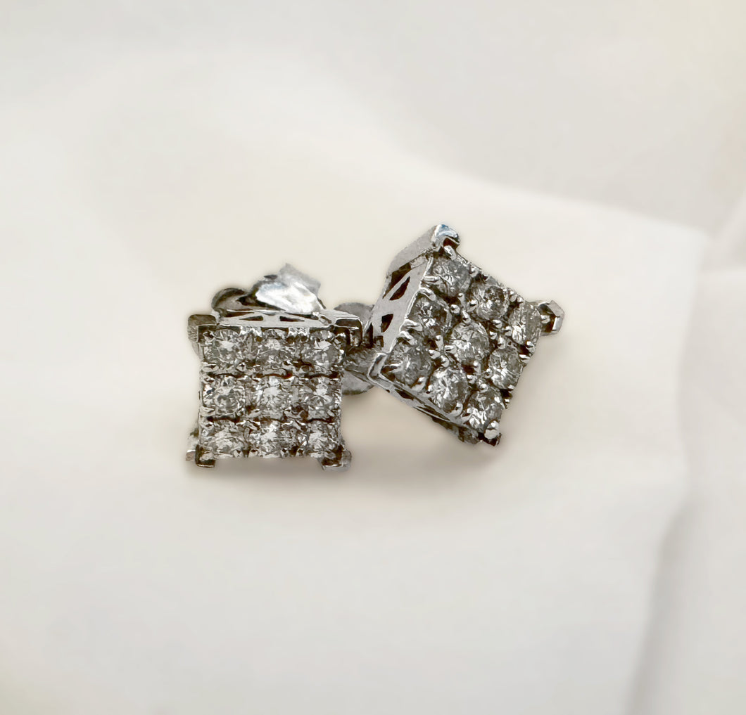 14k White Gold, Diamond Square Earrings, Diamonds studs, Wedding Gift, Anniversary gift